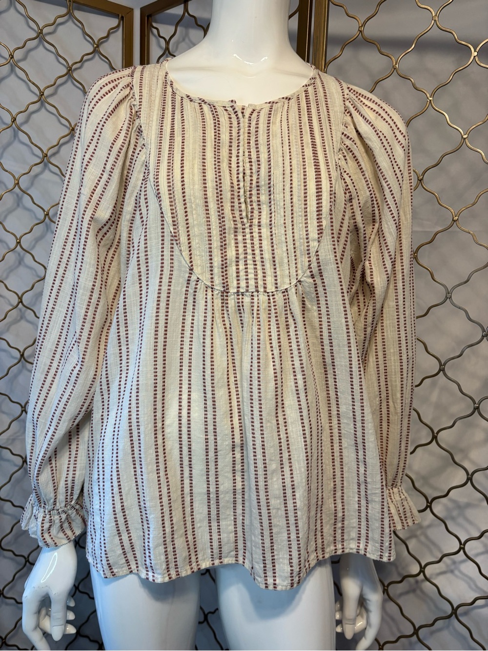 Elizabeth and James Cream Blouse with Burgundy Stripes size L